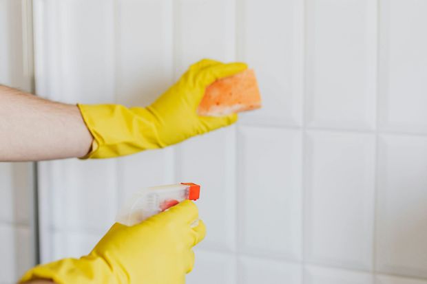 Gloved hands cleaning a tiled wall with a sponge and spray bottle