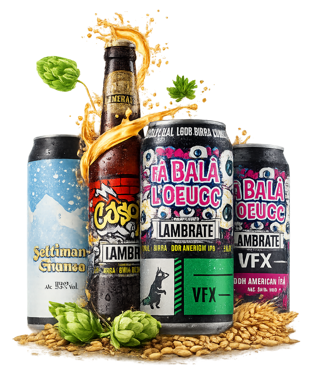 Four craft beer cans and a bottle with splashes, hops, and barley grains against a white background.