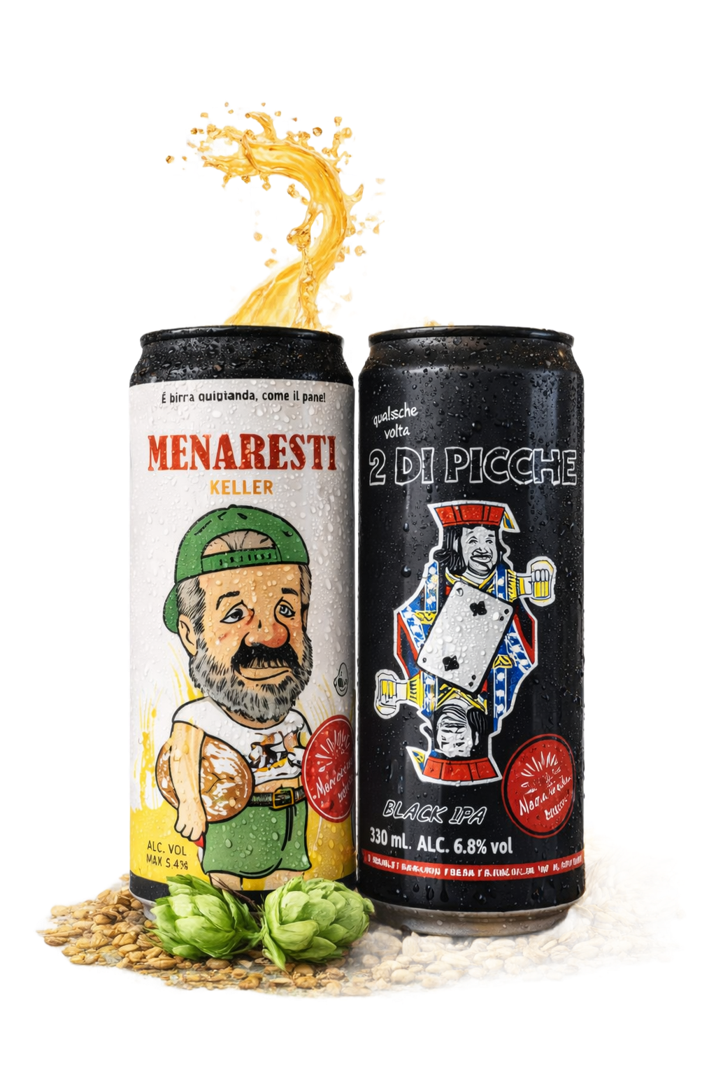 Two illustrated beer cans with an amber splash and hops on a white background