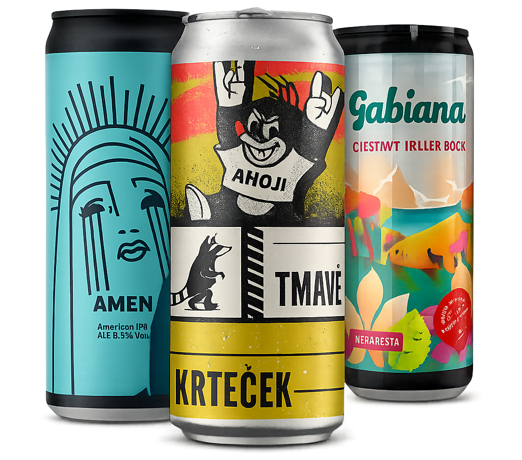 Three beer cans with colorful labels: blue weeping face, cartoon mole, and floral design.