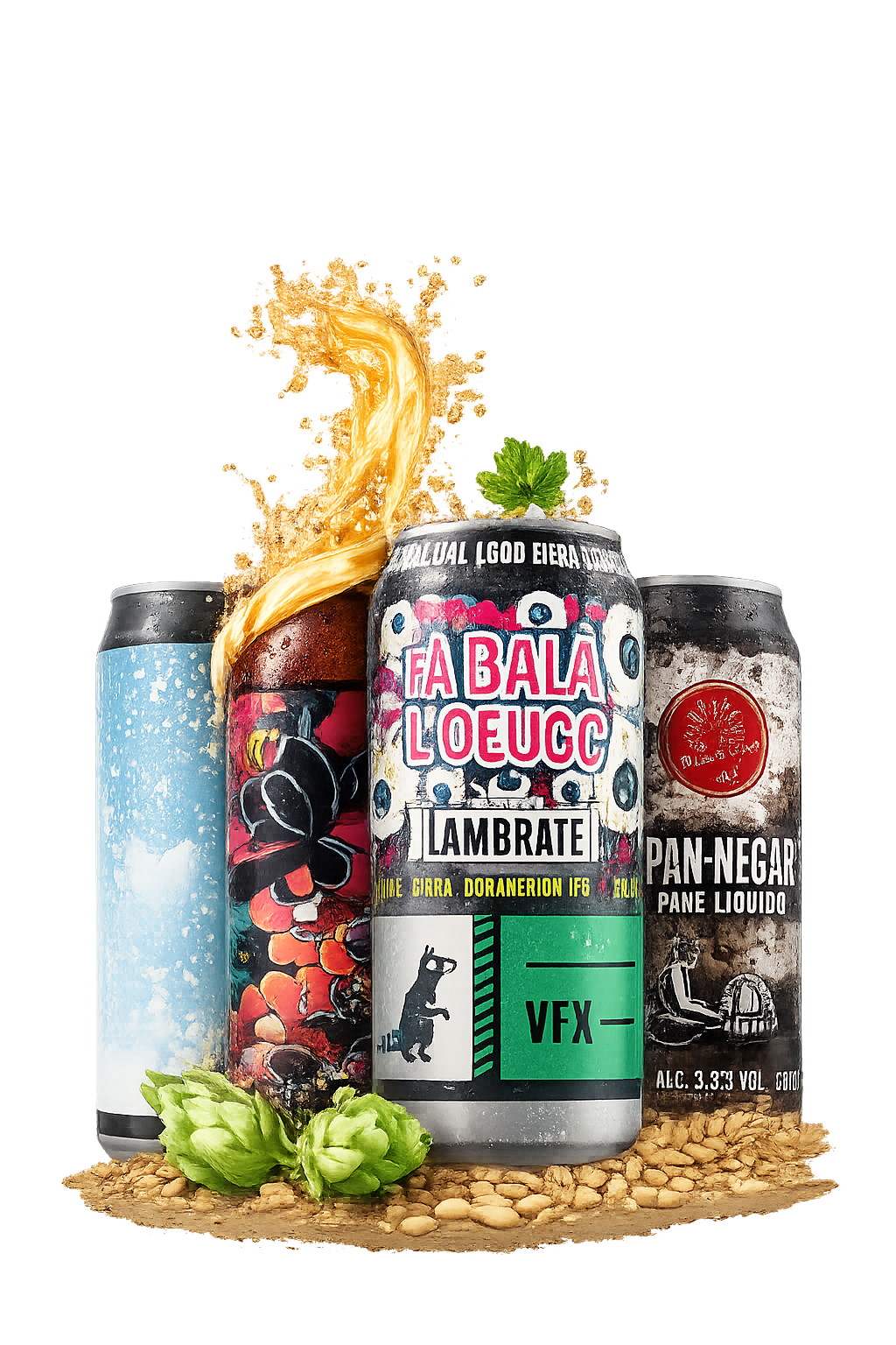 Four colorful beer cans with a beer splash, hops, and malt.