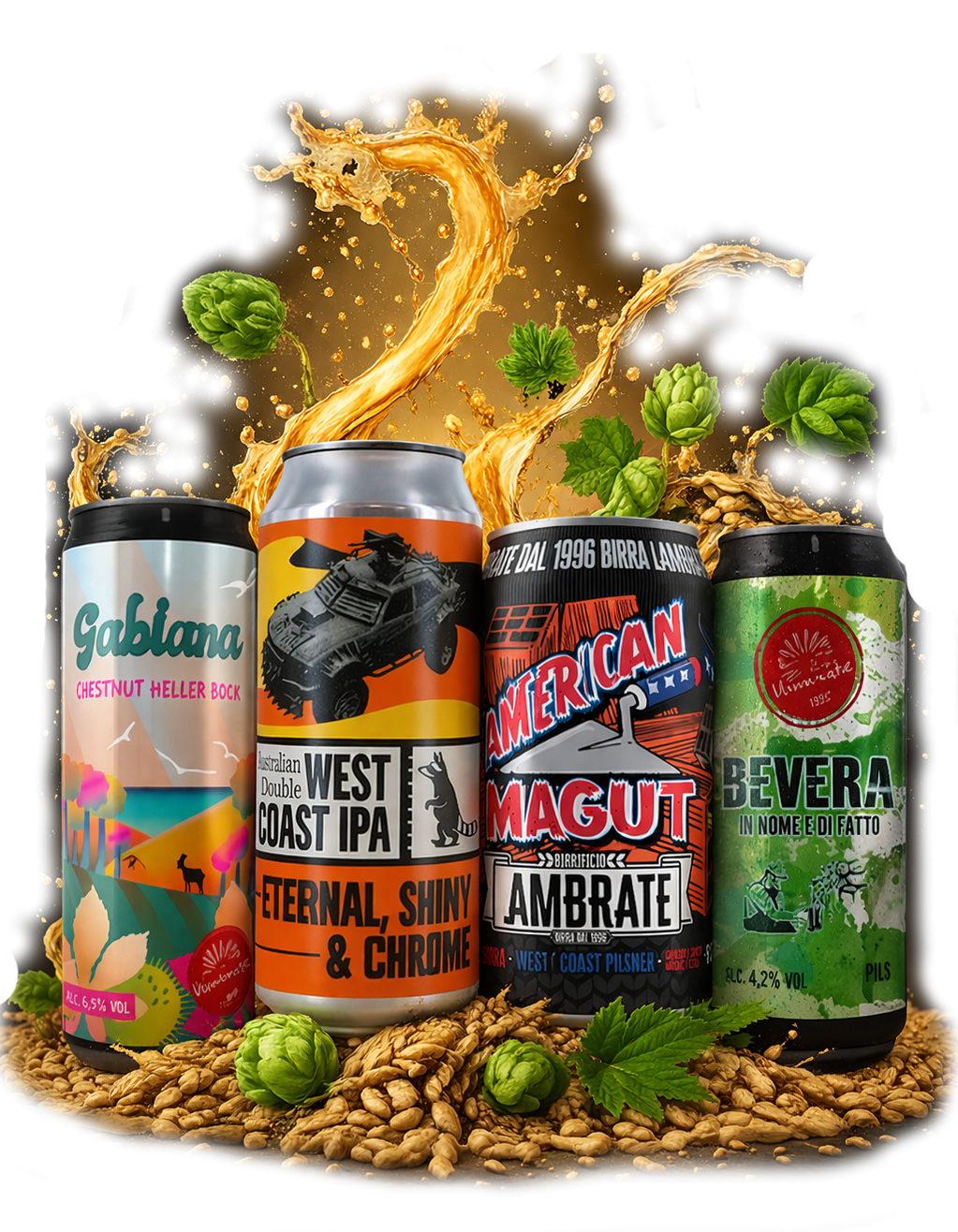 Four colorful beer cans surrounded by hops and barley grains, with a golden splash of beer rising in the background.