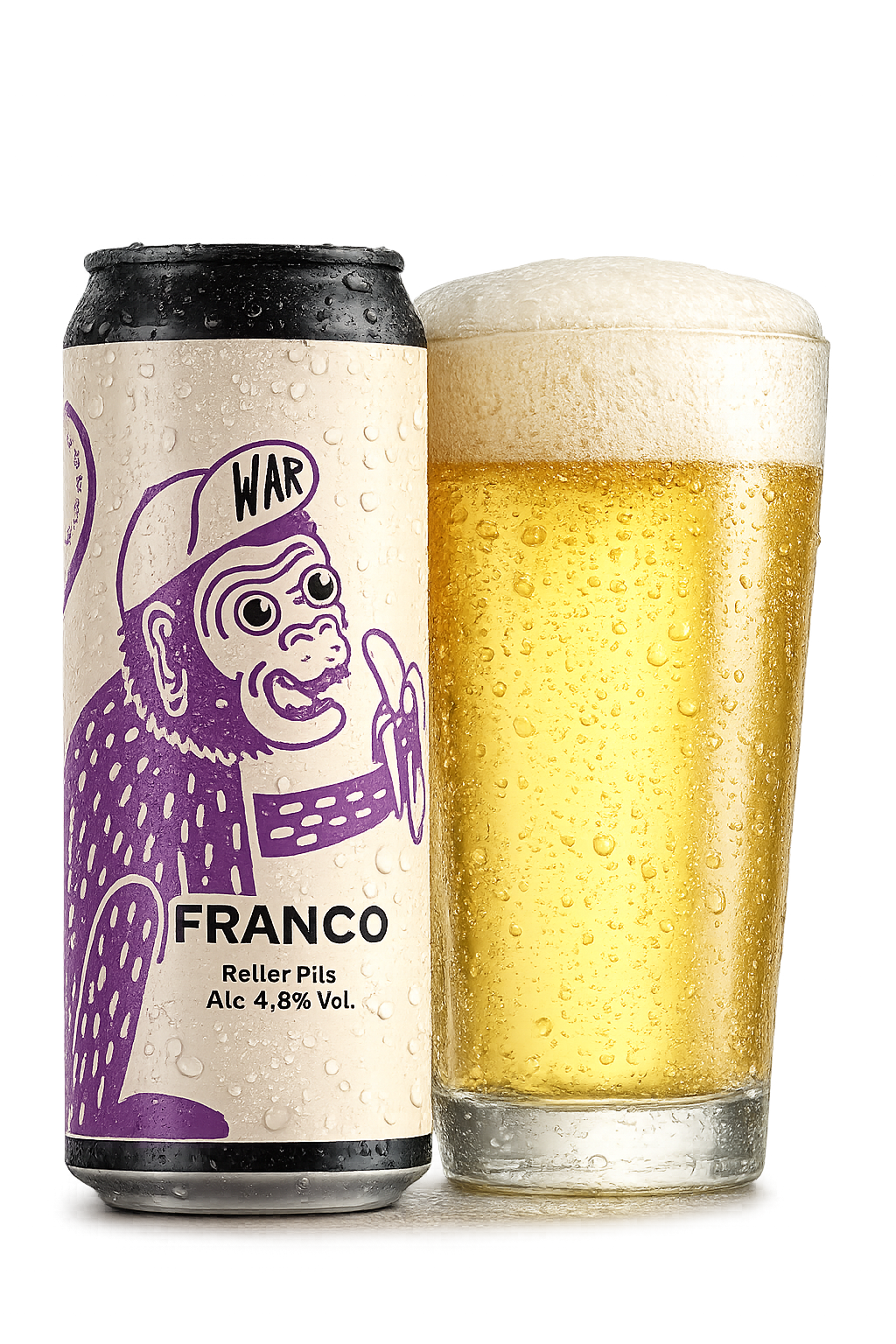 Four craft beer cans and a bottle with splashes, hops, and barley grains against a white background.