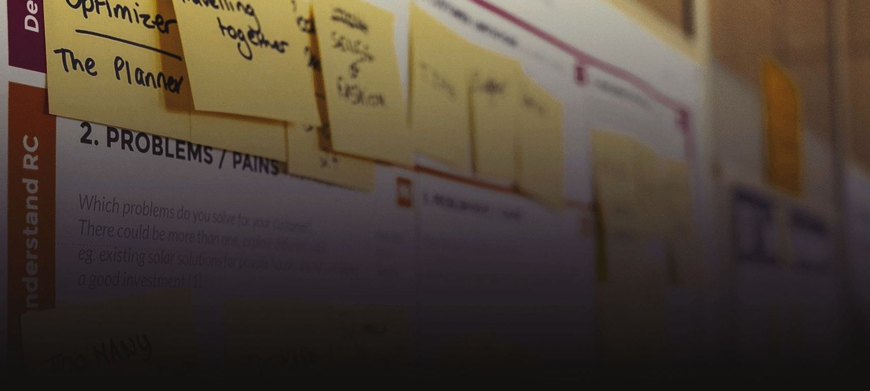 A bunch of sticky notes on a wall with one that says the planner