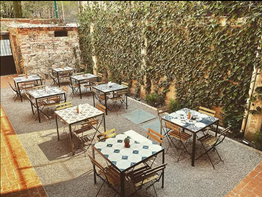 Una fila de mesas y sillas en un patio con hiedra creciendo en la pared.