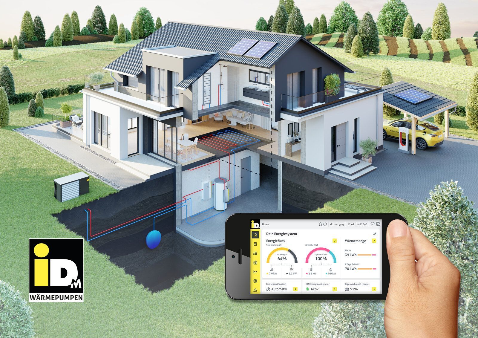 Schnittansicht eines modernen Hauses mit intelligenter Energieüberwachung per Tablet inkl. Solarpaneelen.