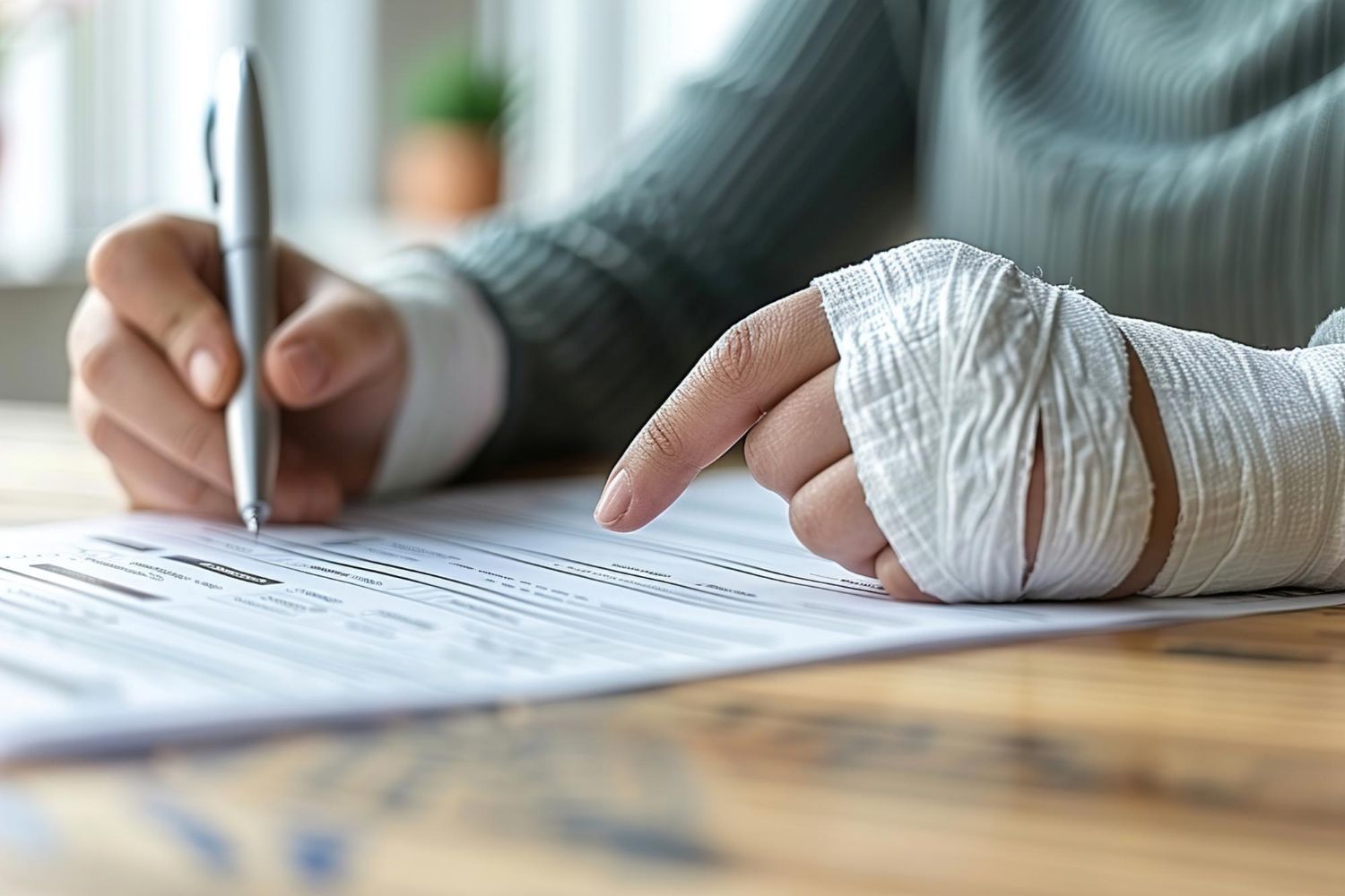 Person writing on a form with a bandaged hand at a desk