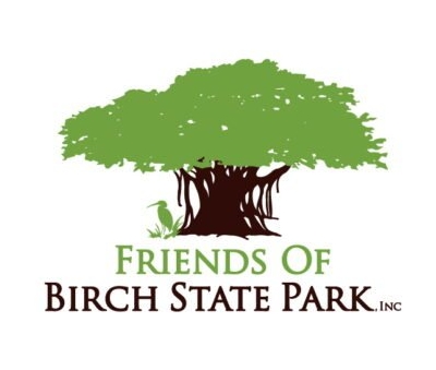 Logo for Friends of Birch State Park, with a green tree, heron, and text in brown and green.