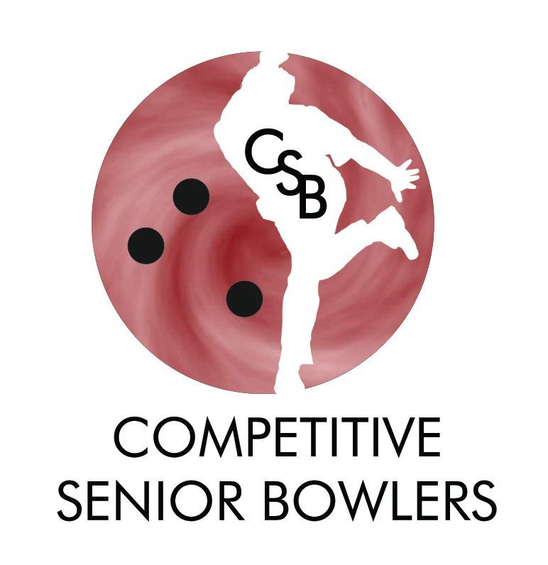 Logo for Competitive Senior Bowlers: bowler silhouette, red circle, three black bowling balls, and text.