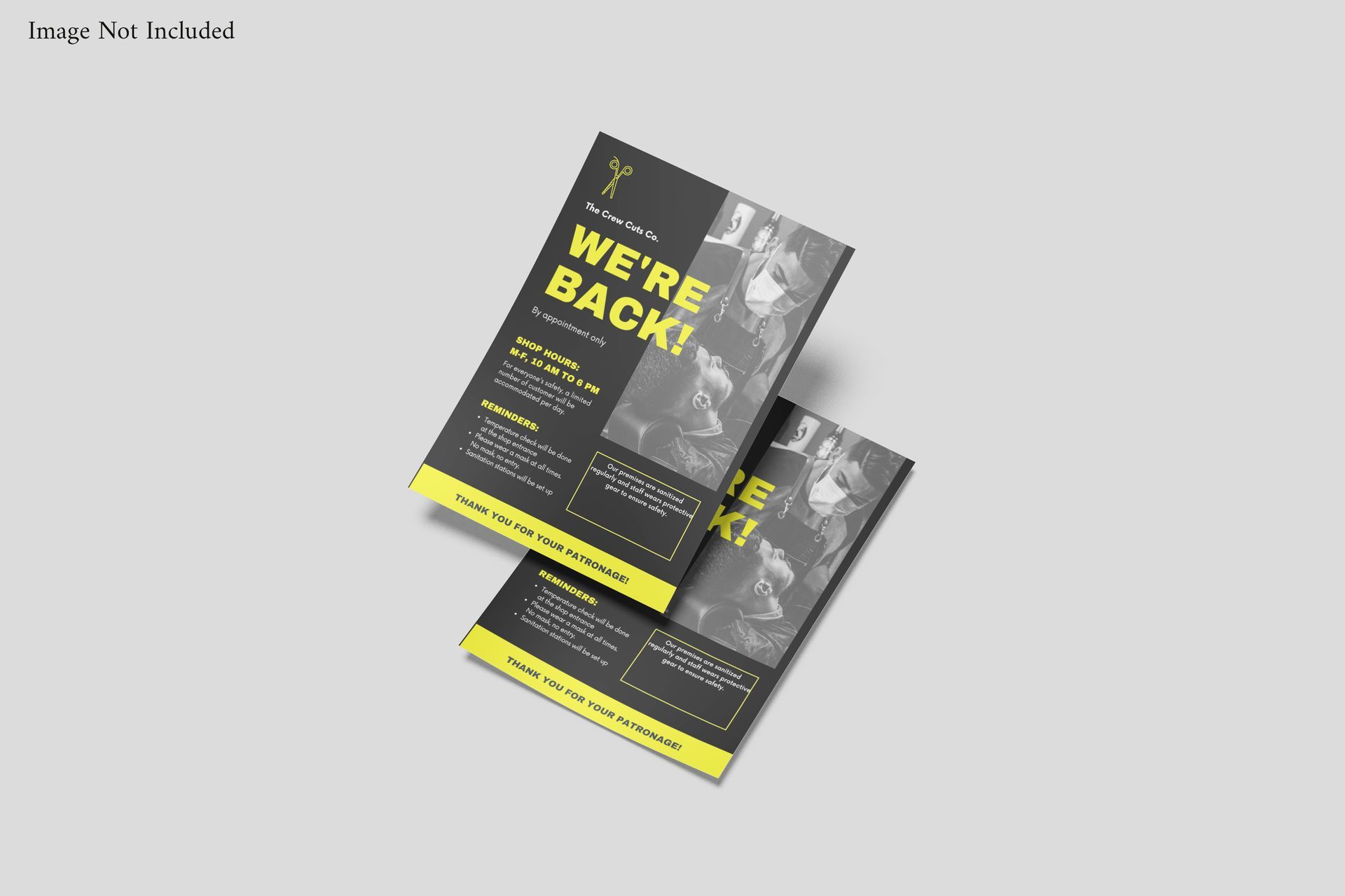 Two flyers, black and yellow, say 