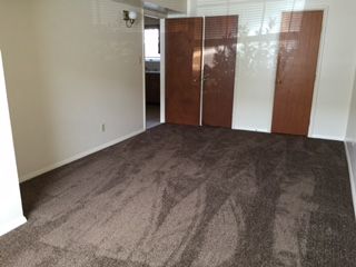 An empty room with a brown carpet and wooden doors.