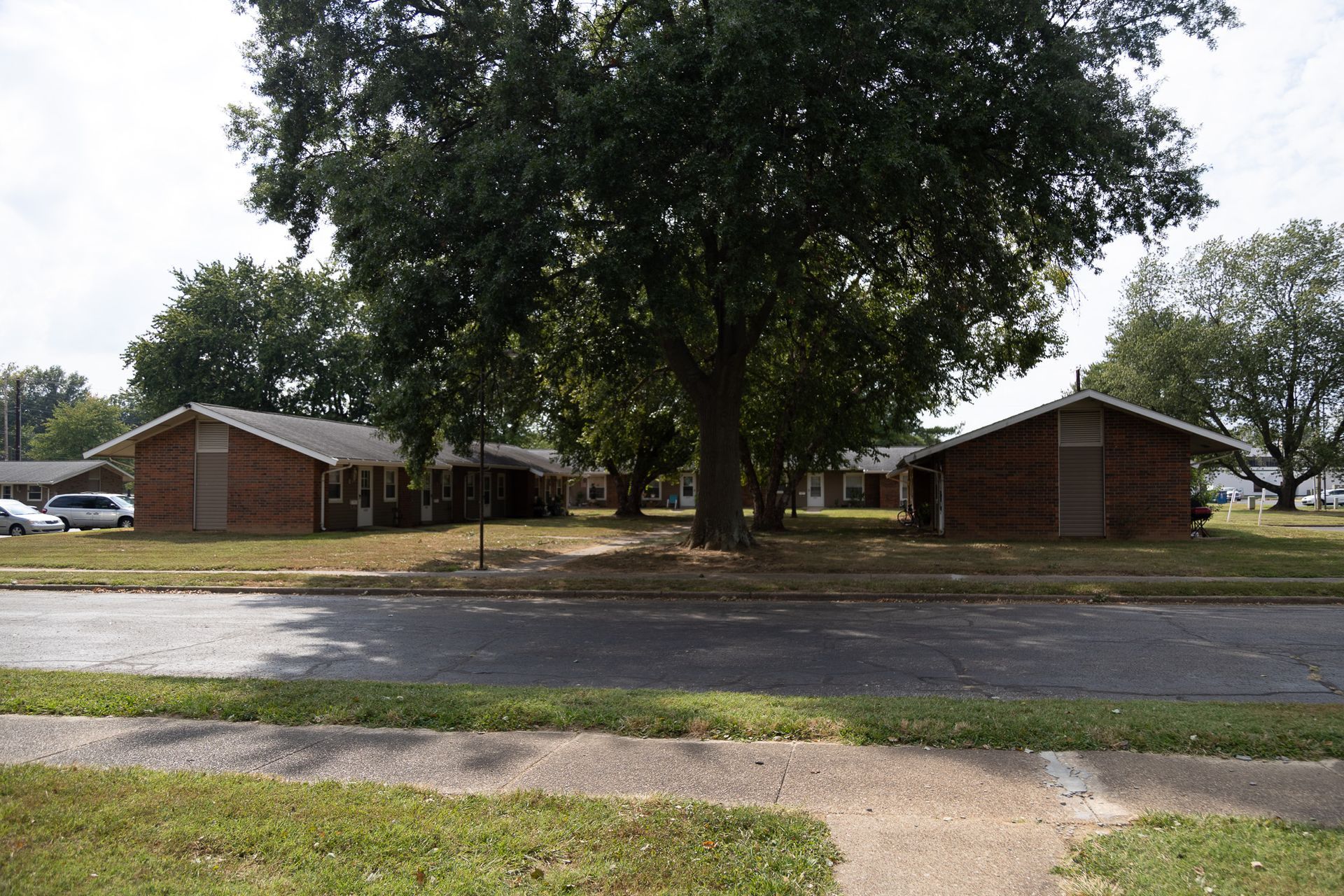 A row of brick houses with trees in front of them