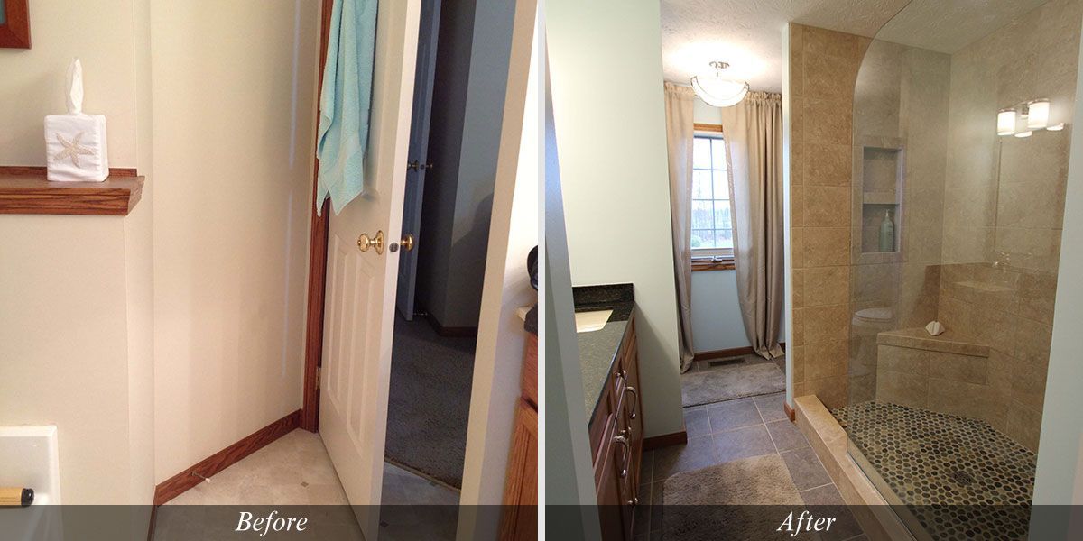 A before and after photo of a bathroom with a walk in shower.