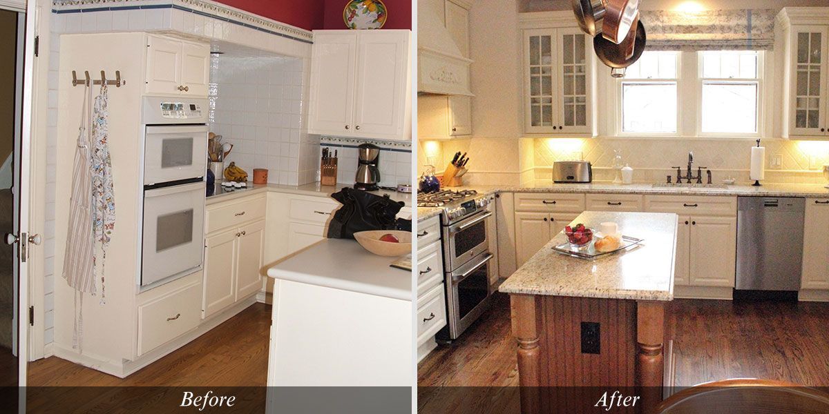A before and after photo of a kitchen with white cabinets and stainless steel appliances.