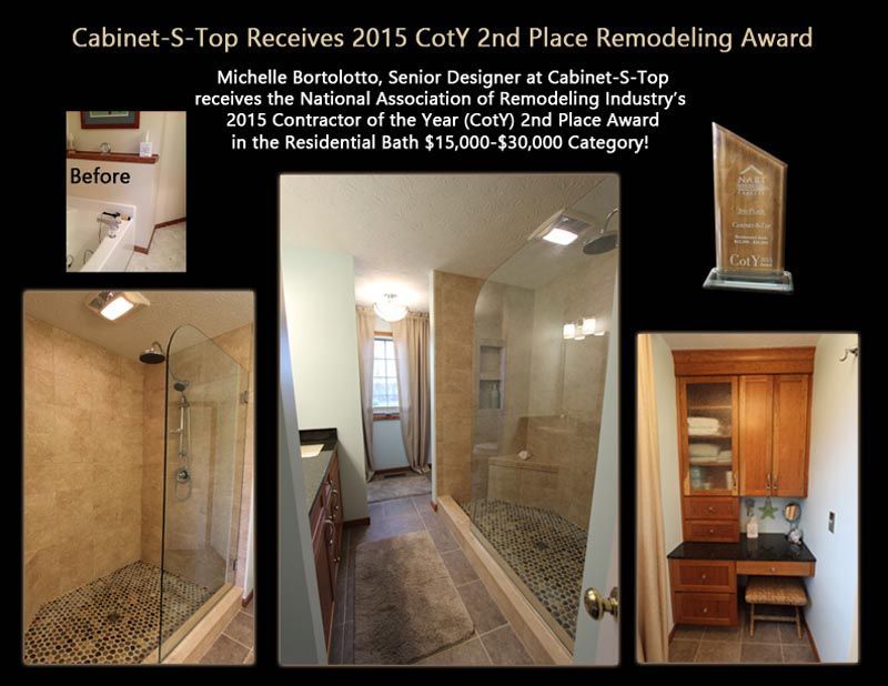 A picture of a bathroom with the words cabinet s-top receives 2015 coty 2nd place remodeling award