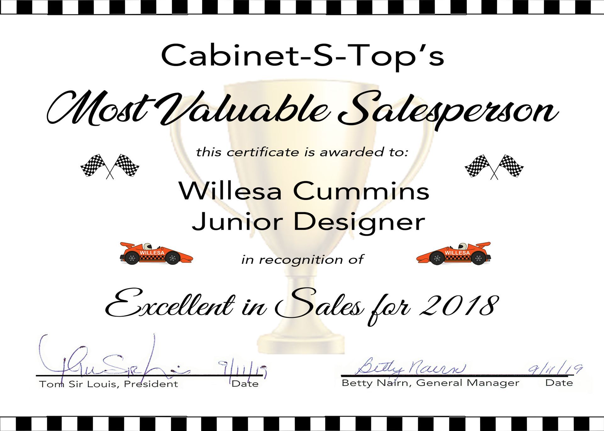 A certificate that says cabinet-s-top 's most valuable salesperson willesa cummins junior designer excellent in sales for 2018