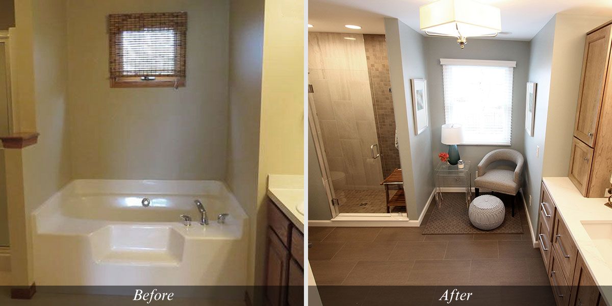 A before and after photo of a bathroom with a tub and a chair.
