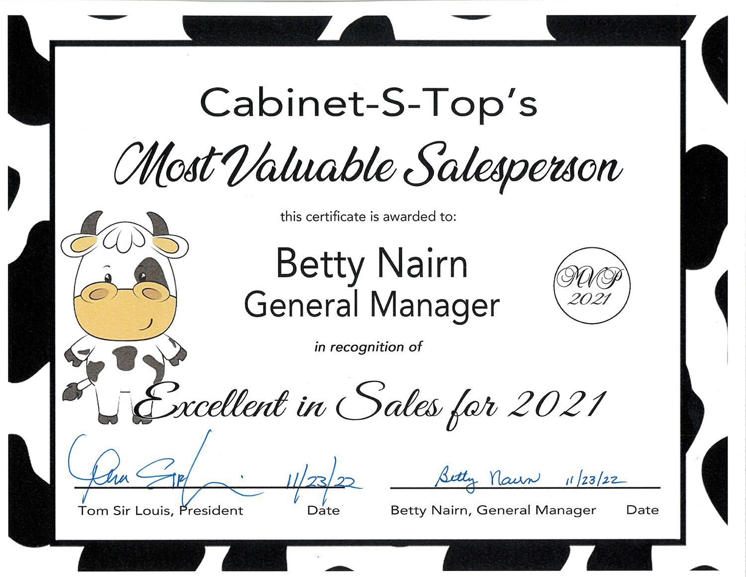 A certificate for cabinet-s-top 's most valuable salesperson with a cow on it.