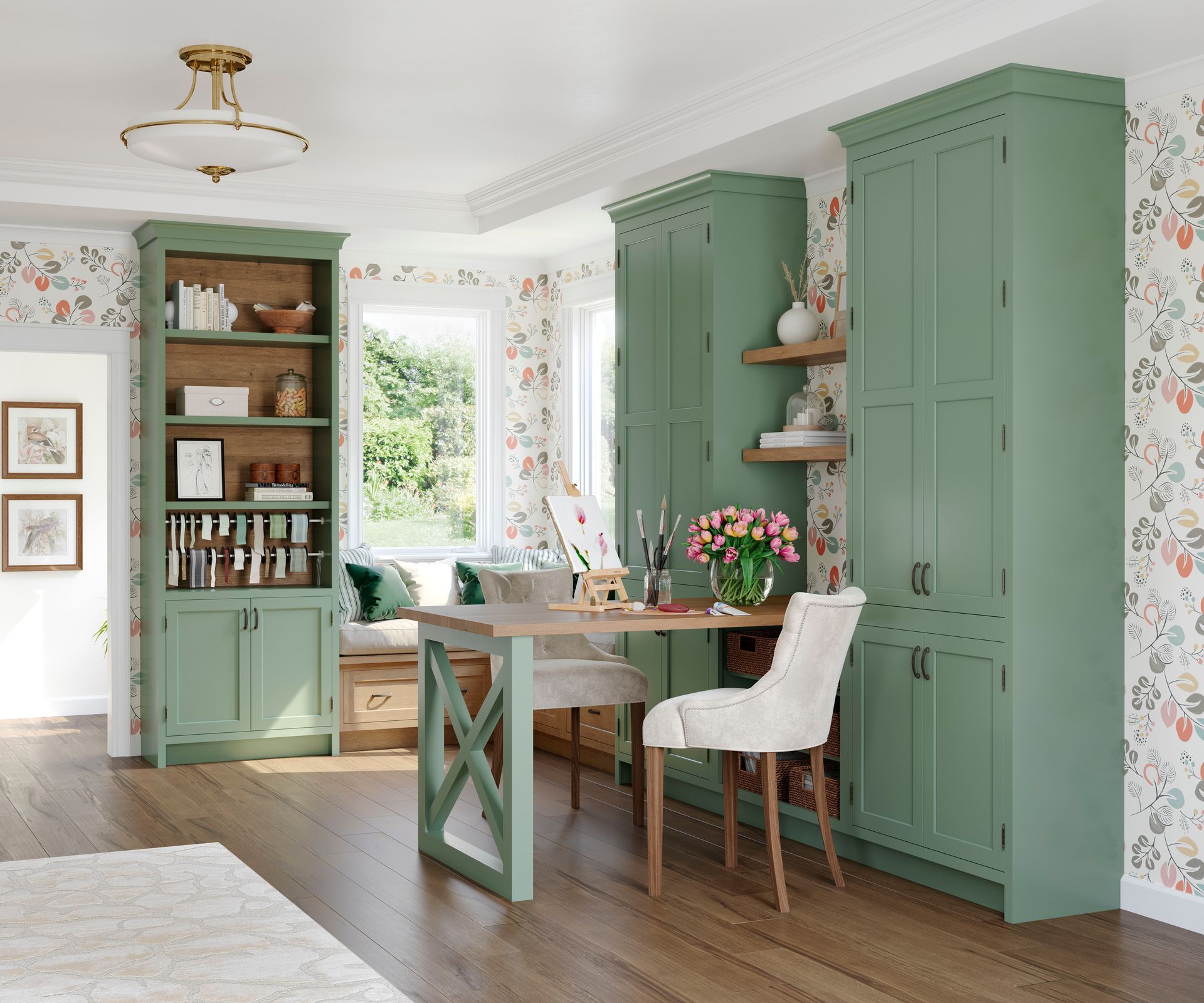 A living room with green cabinets , a table and chairs.