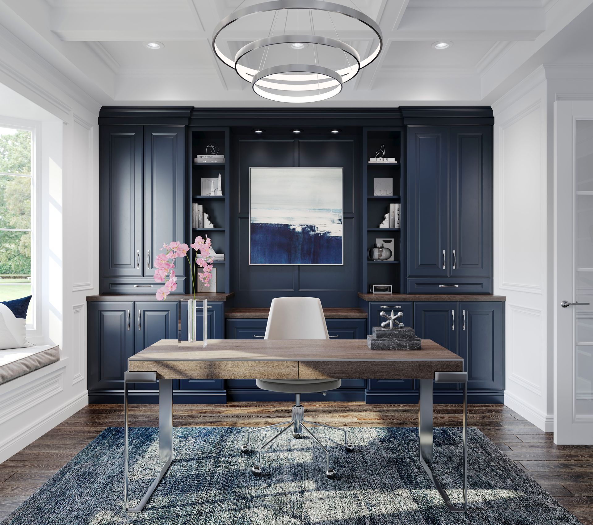 A home office with blue cabinets and a desk and chair