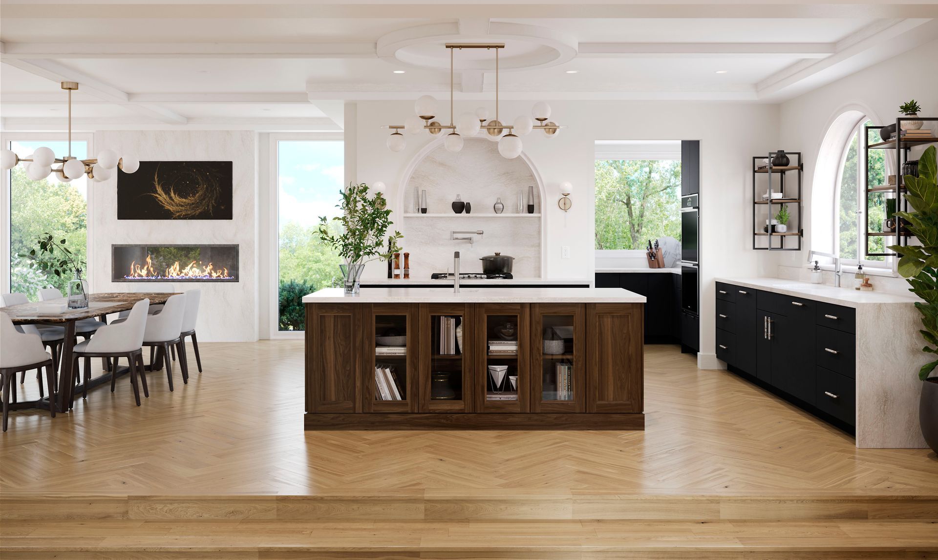 A kitchen with a large island in the middle and a fireplace.
