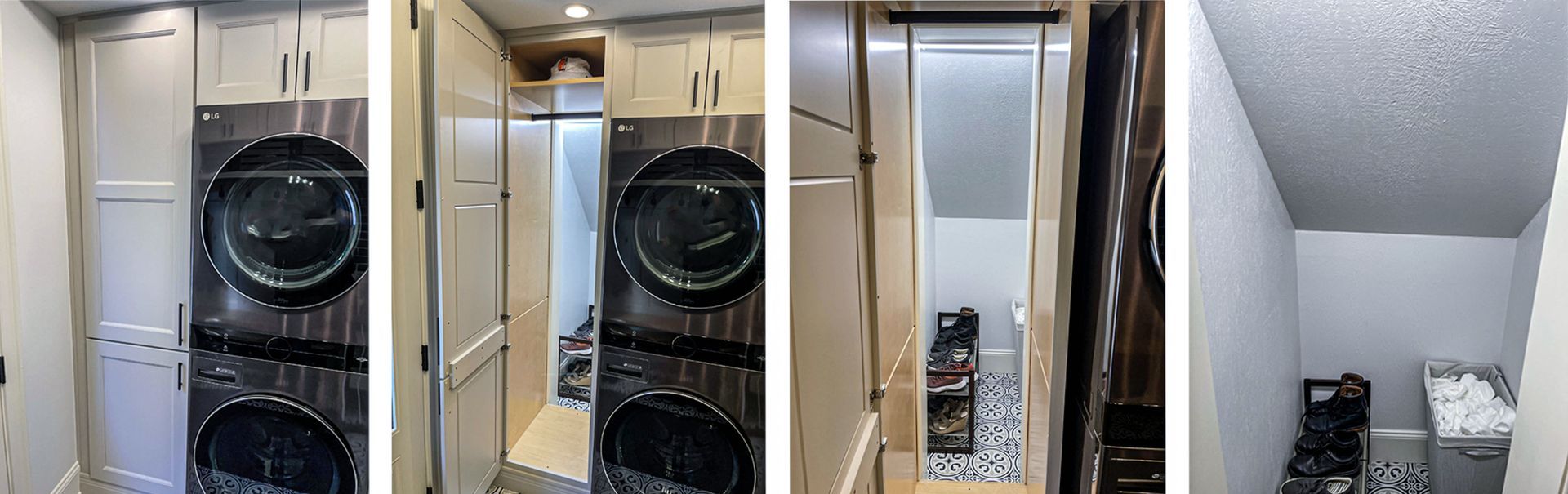 A laundry room with a washer and dryer stacked on top of each other.