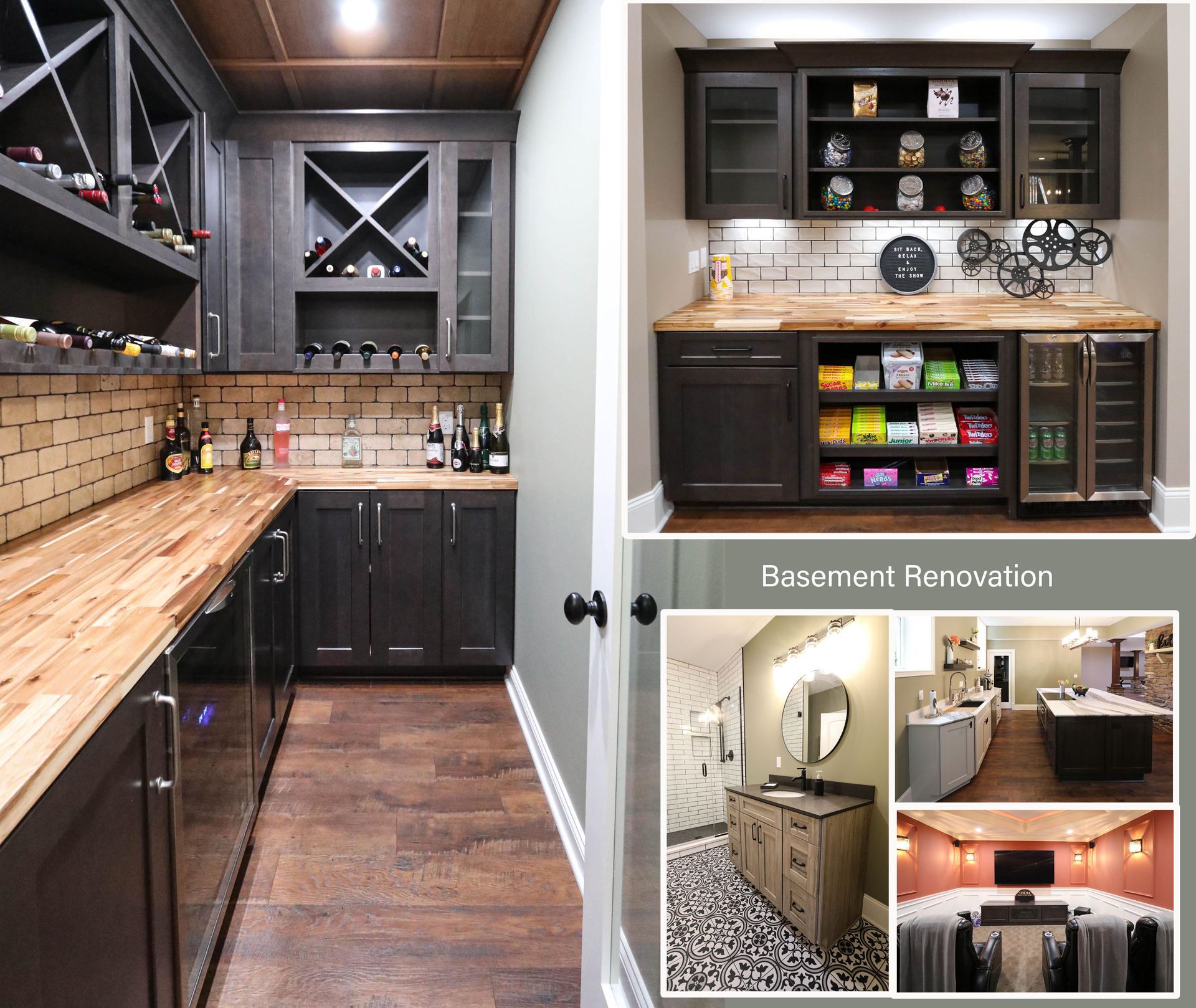 A collage of pictures of a basement recreation area