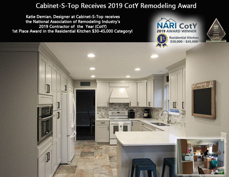 A picture of a kitchen with white cabinets and stools.