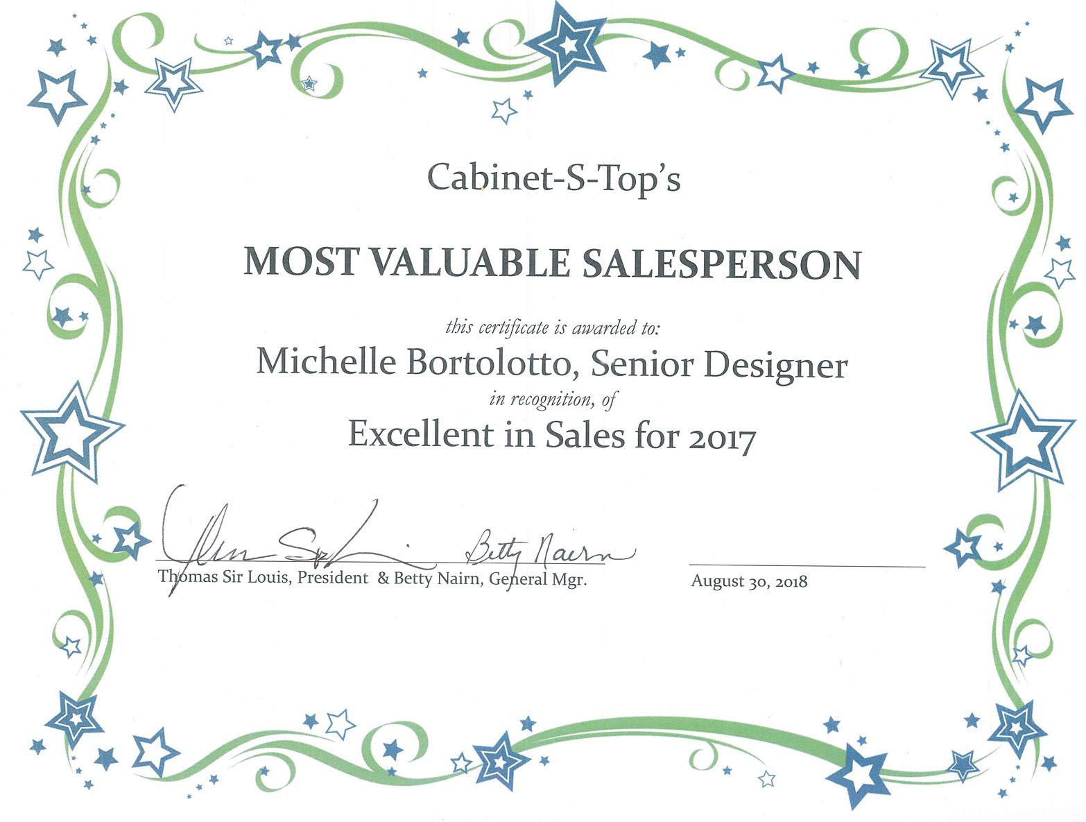 A certificate that says cabinet-s-top 's most valuable salesperson