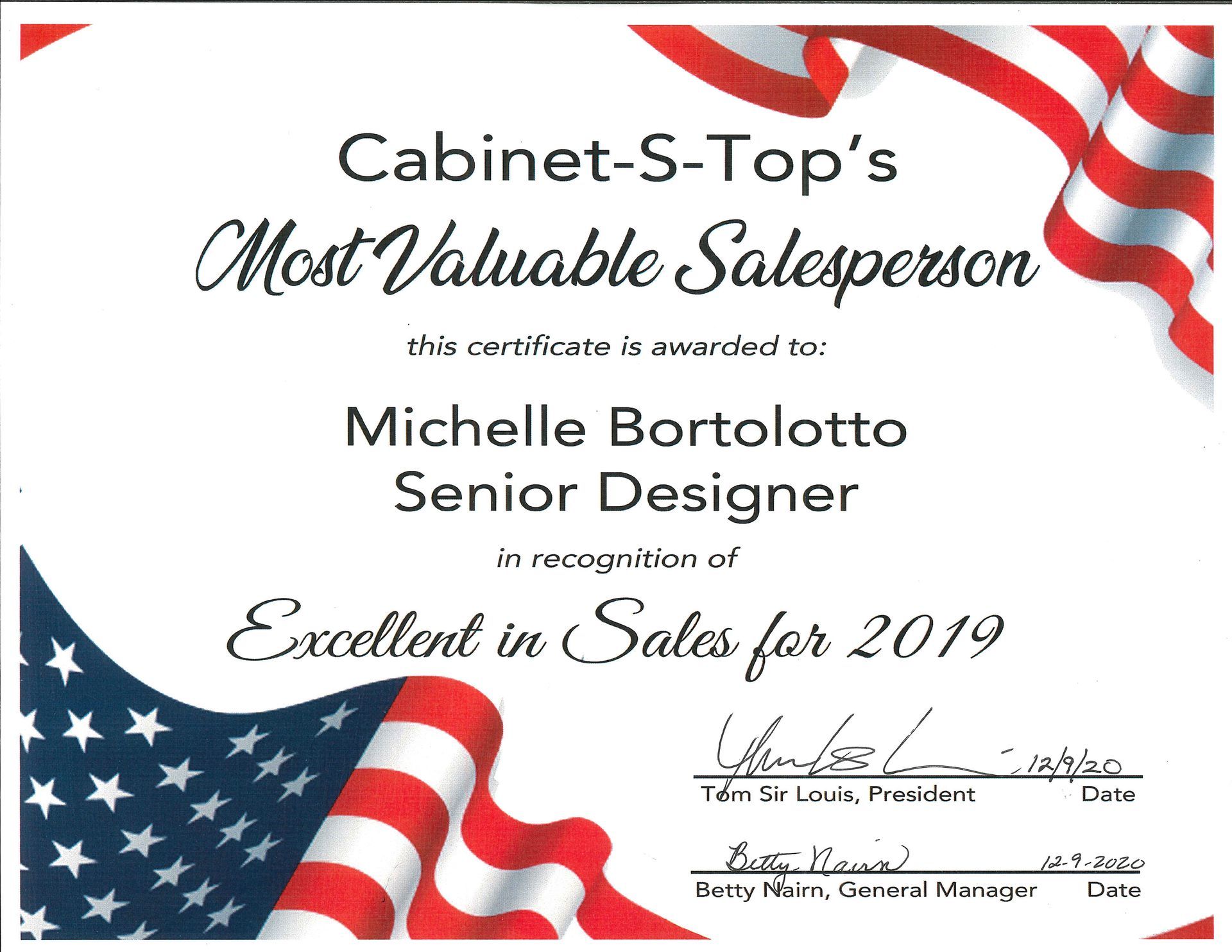 A certificate that says cabinet s top 's most valuable salesperson