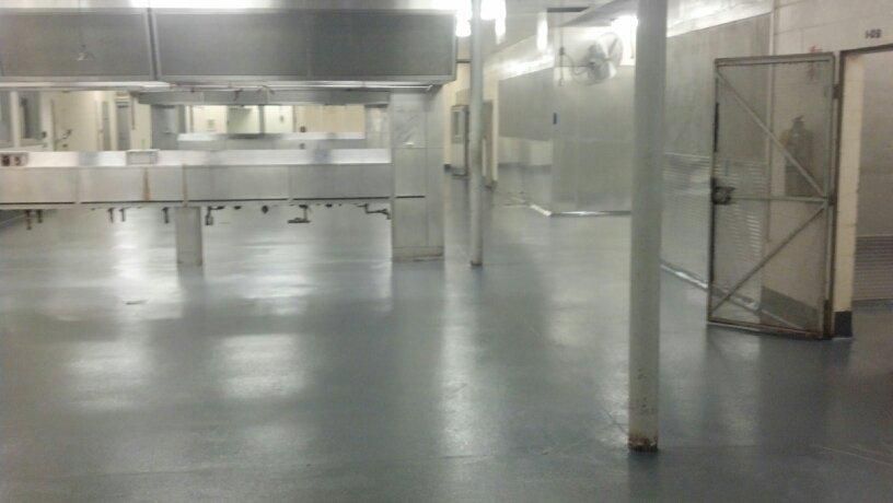 An empty kitchen with a blue floor and stainless steel appliances.