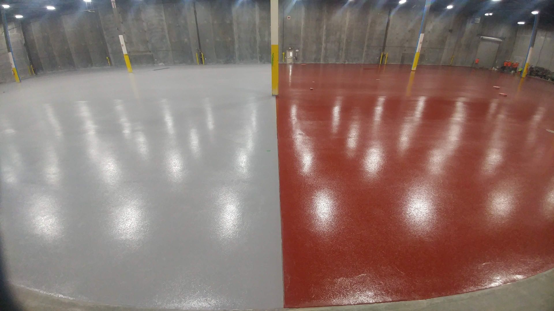 A before and after photo of a concrete floor in a warehouse.