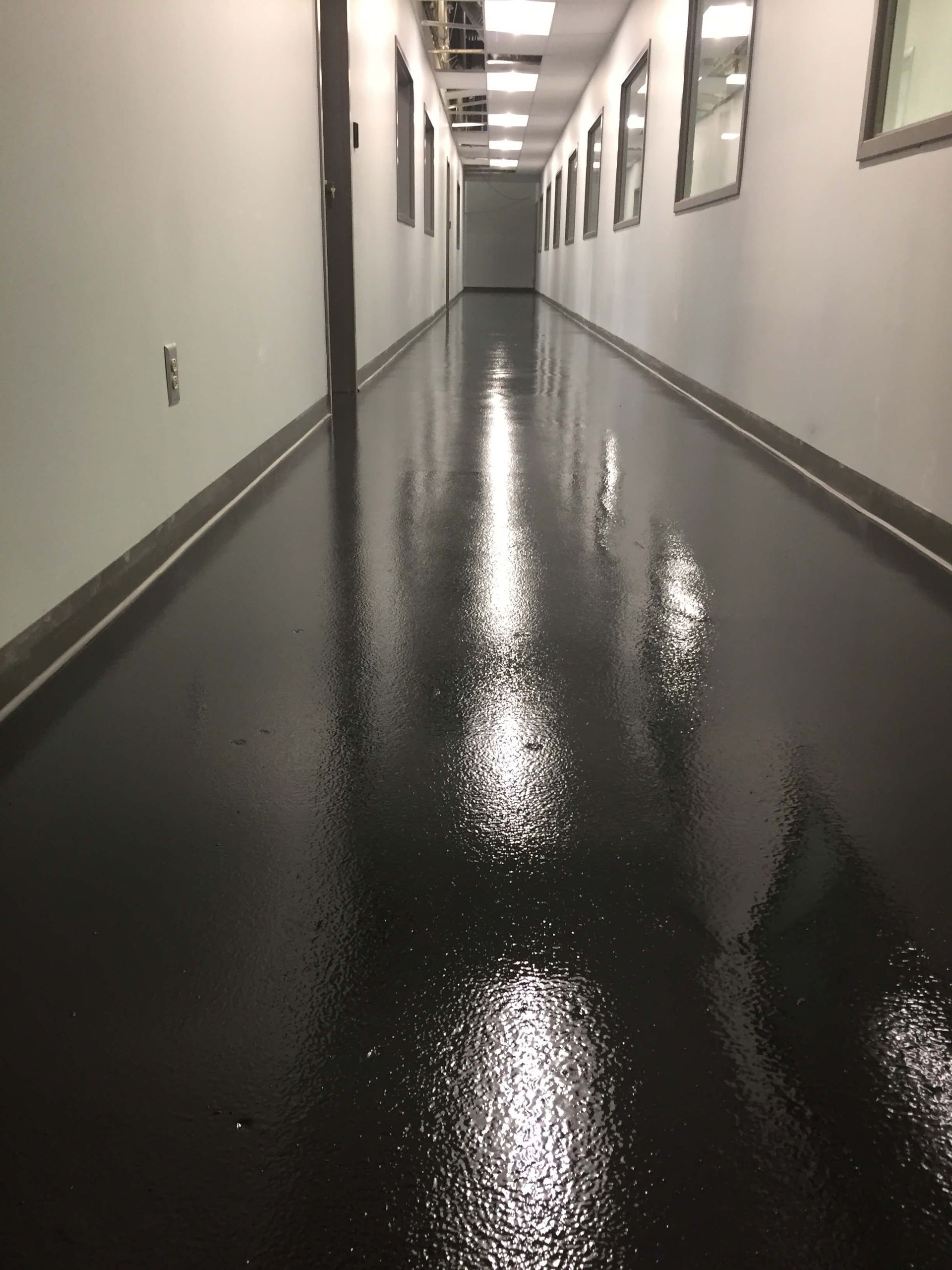 Long, glossy black hallway with many small windows along one wall.