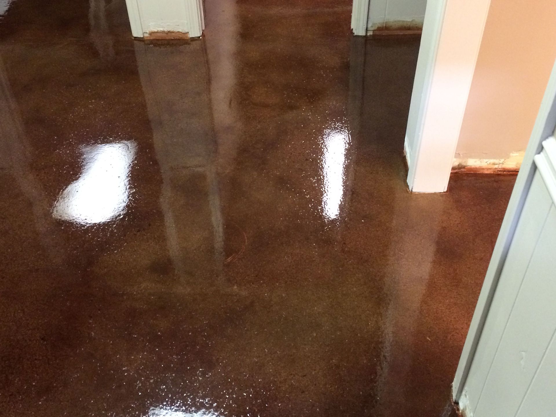 A polished concrete floor and white walls