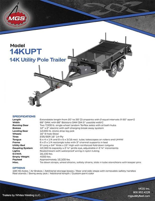 A brochure for a model 14kupt 14k utility pole trailer.