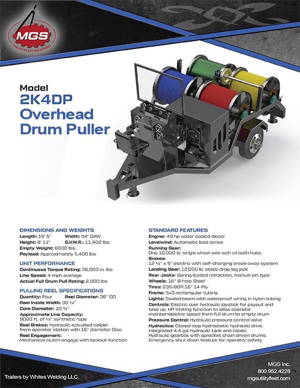 A brochure for a model 2k4dp overhead drum puller.