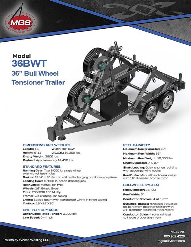 A brochure for a 36 bull wheel tensioner trailer.