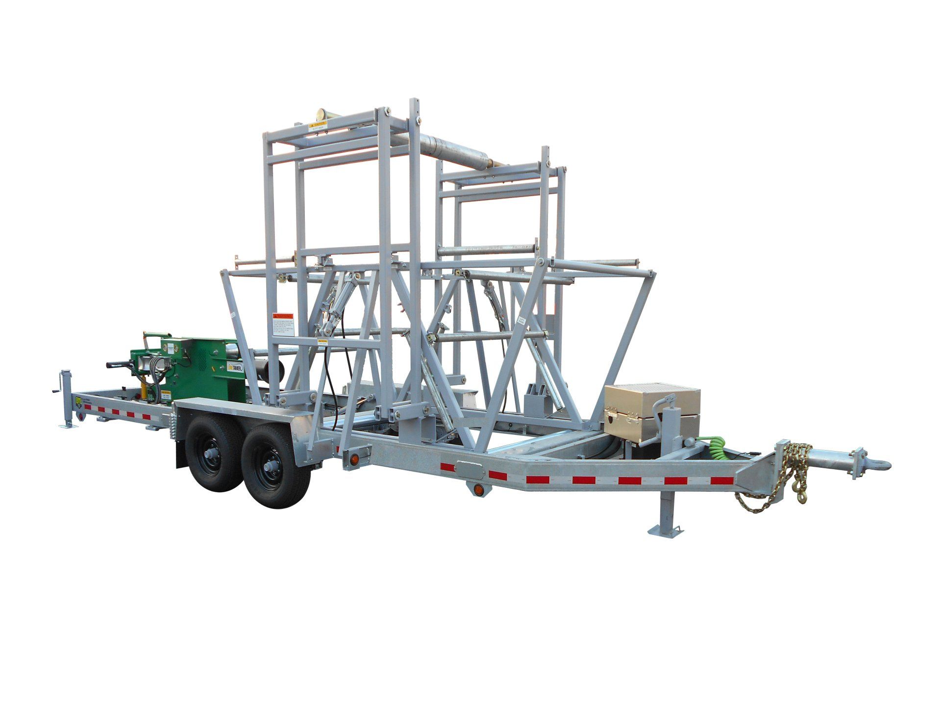 A trailer with a scaffolding on it on a white background.