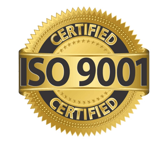 A gold certified iso 9001 seal on a white background