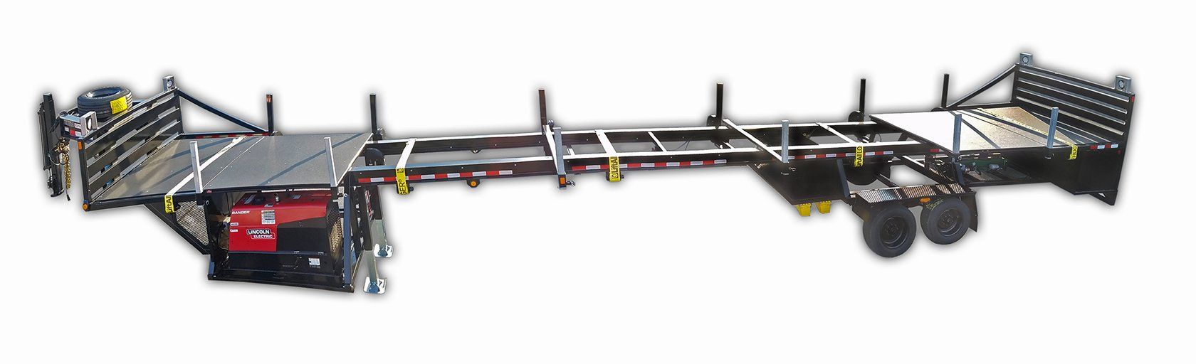 A trailer with a ladder attached to it is sitting on top of a white surface.