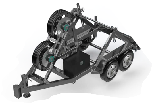 A 3d model of a trailer with two tires on a white background.