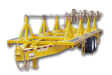 A yellow trailer with a lot of wheels on it