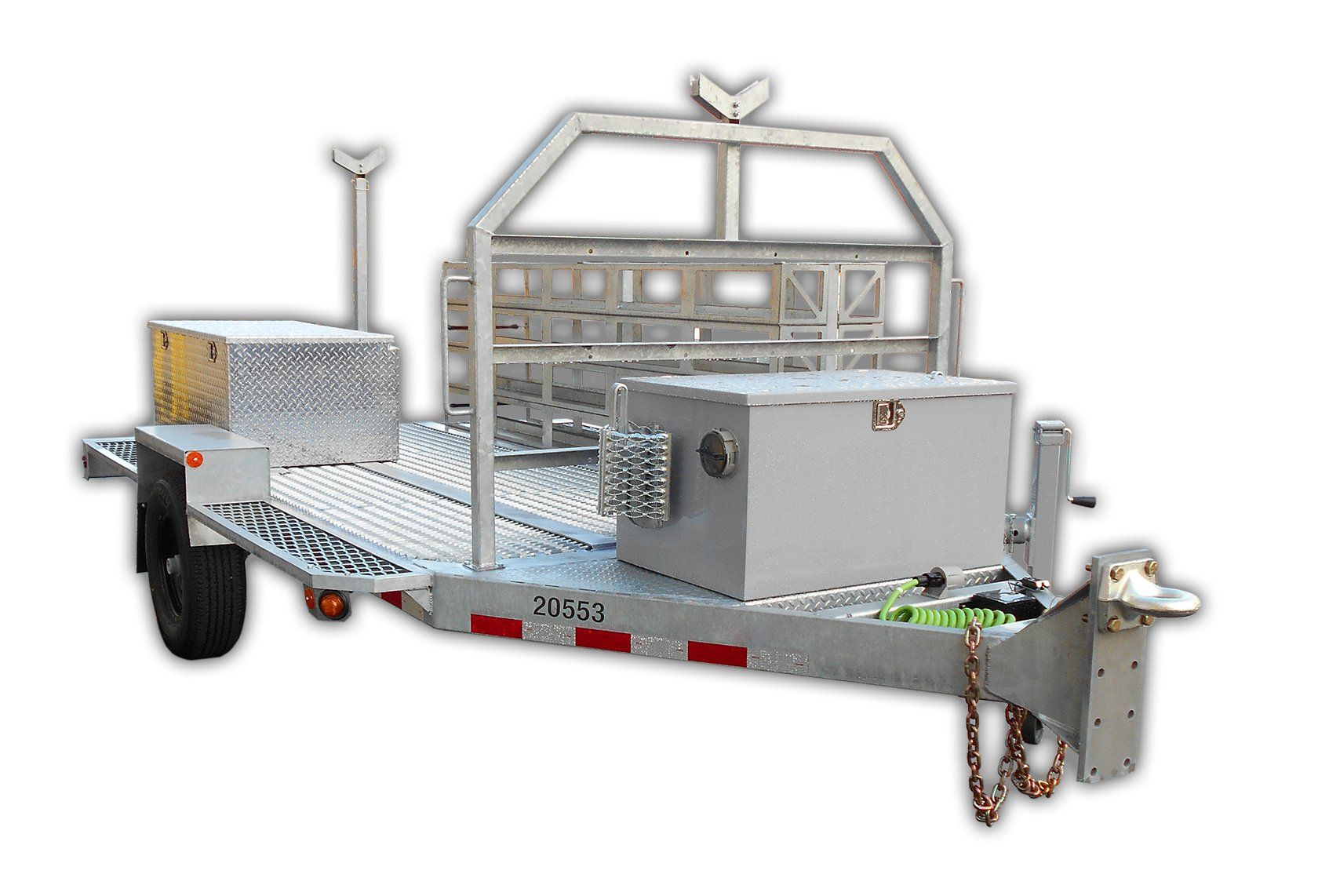 A trailer with a toolbox on it is on a white background.