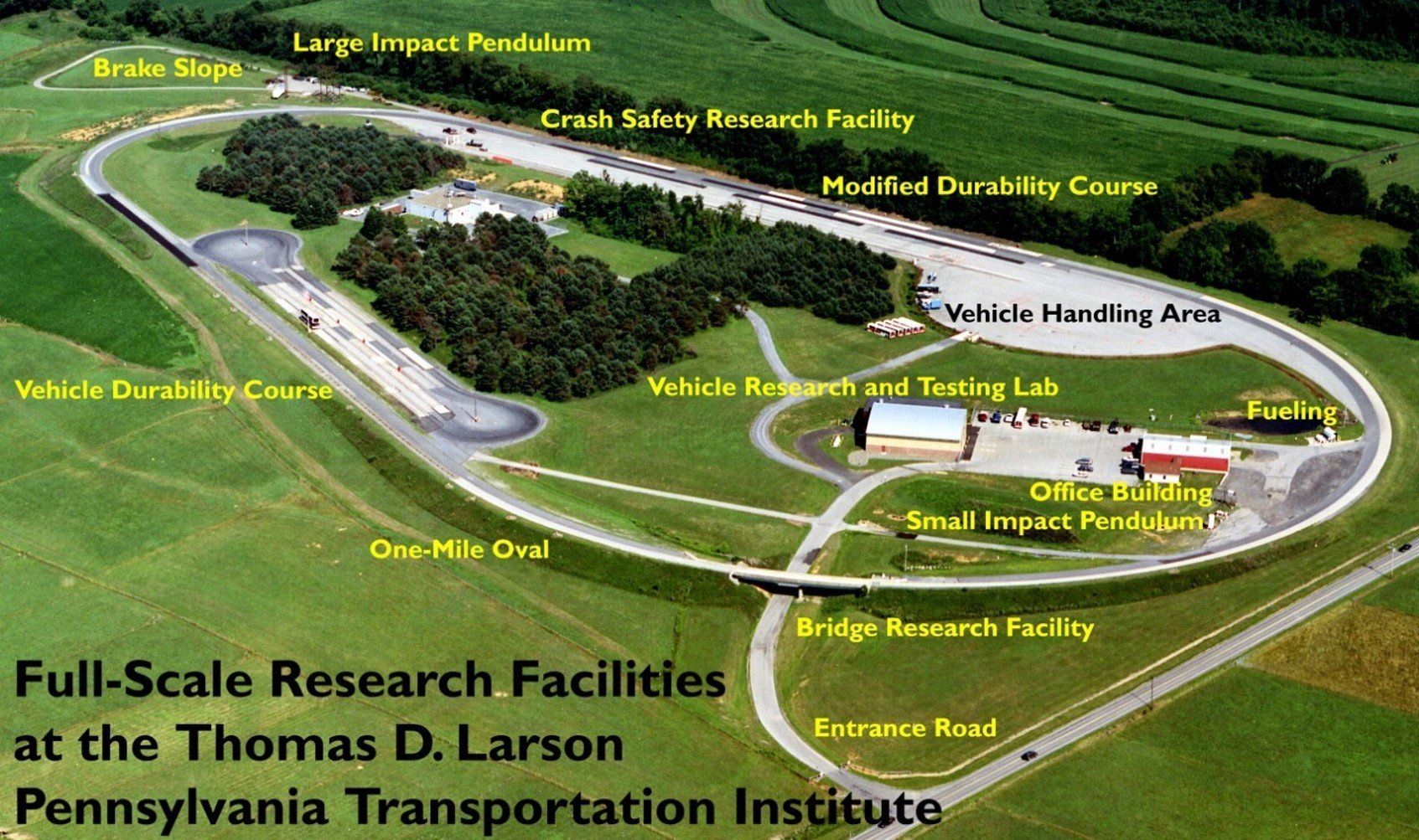 An aerial view of full scale research facilities at the thomas d. larson pennsylvania transportation institute