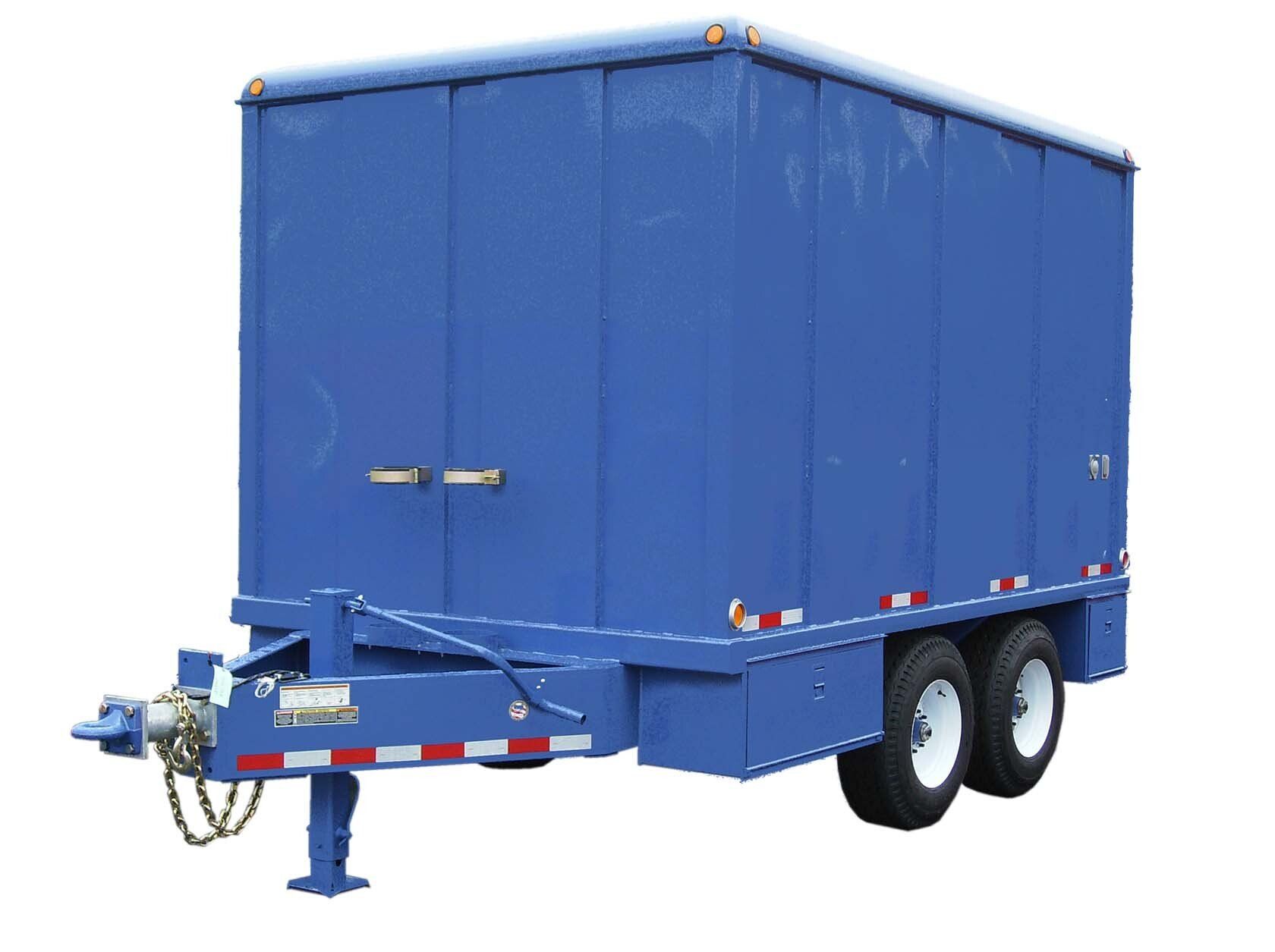 A blue trailer with two wheels on a white background.