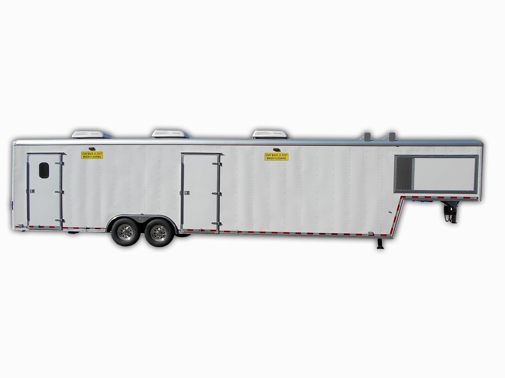 A white trailer with two wheels and a door on a white background.
