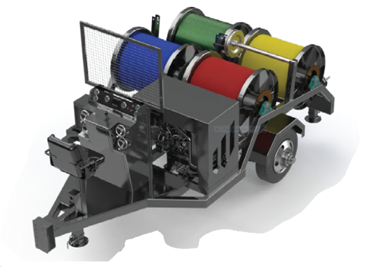 A 3d model of a colorful machine on a trailer.