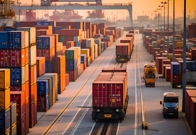 A row of shipping containers are lined up in a harbor.
