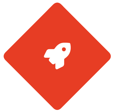 White rocket icon on a red diamond background.