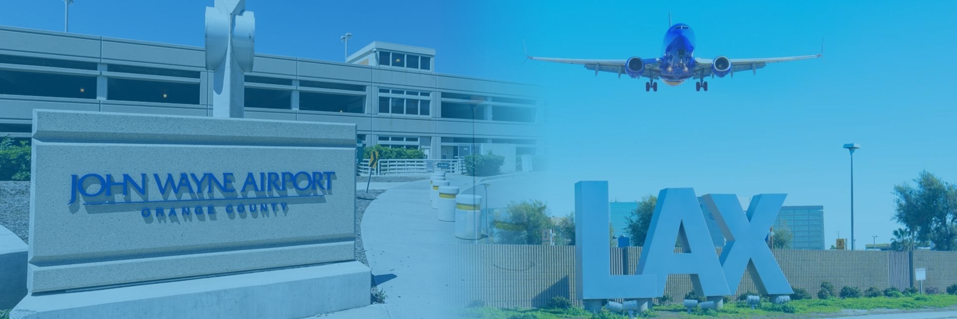 John Wayne Airport sign and LAX sign with a plane flying overhead.